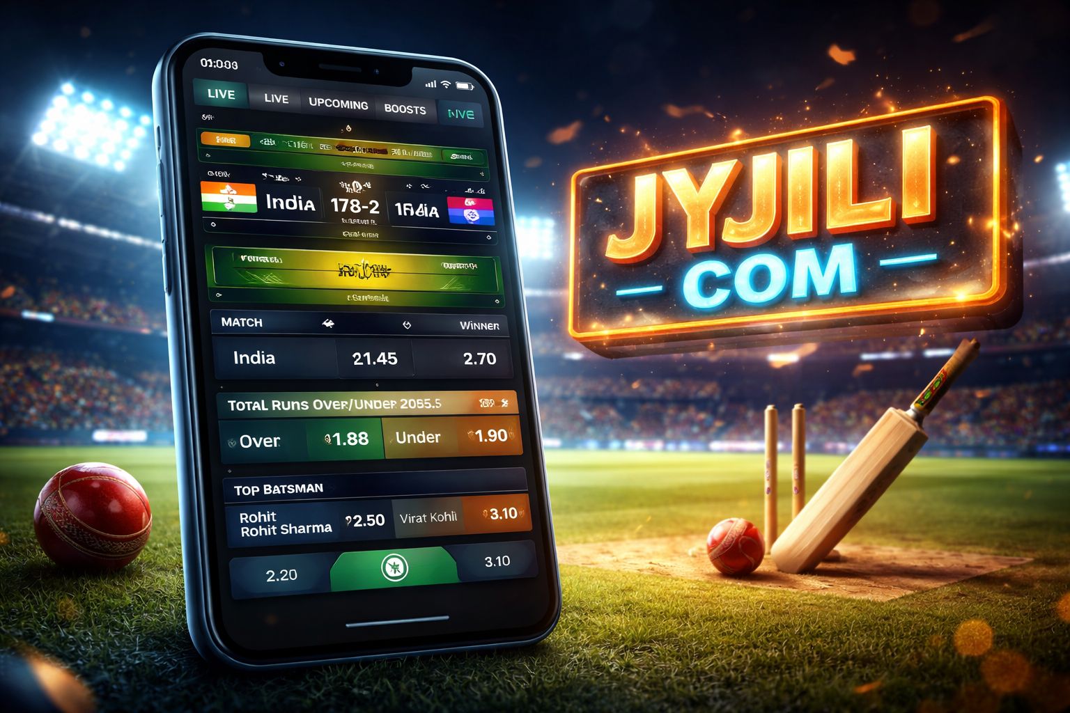 JYJILI COM sports betting — live cricket odds displayed on mobile screen