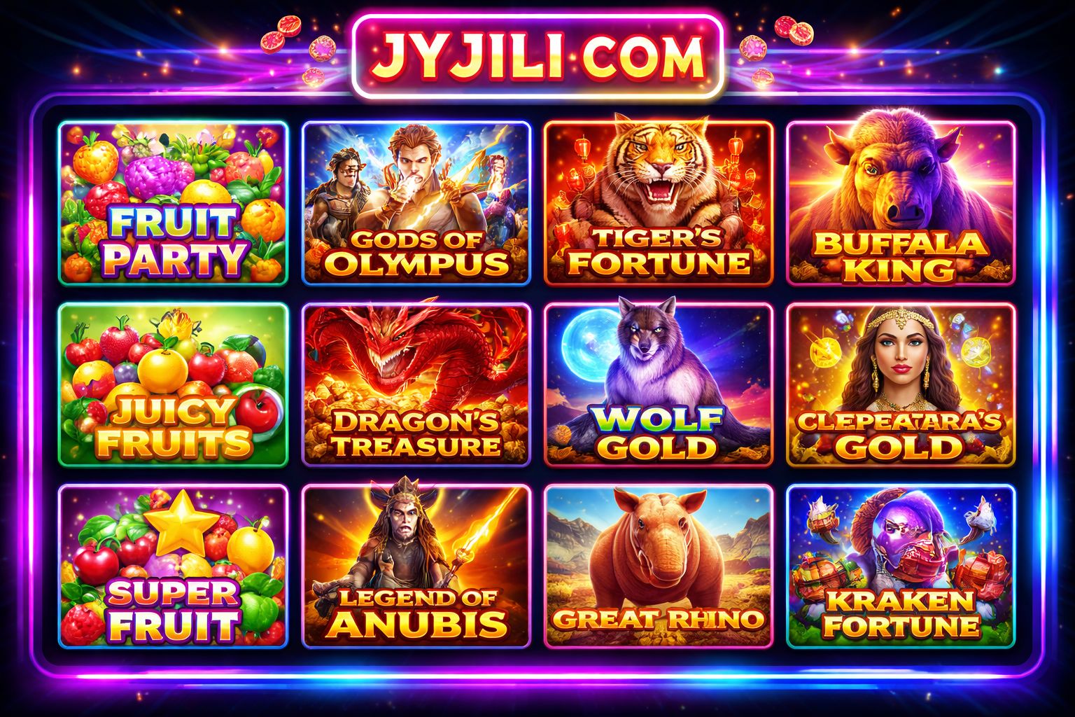 JYJILI COM slot lobby with colourful game thumbnails